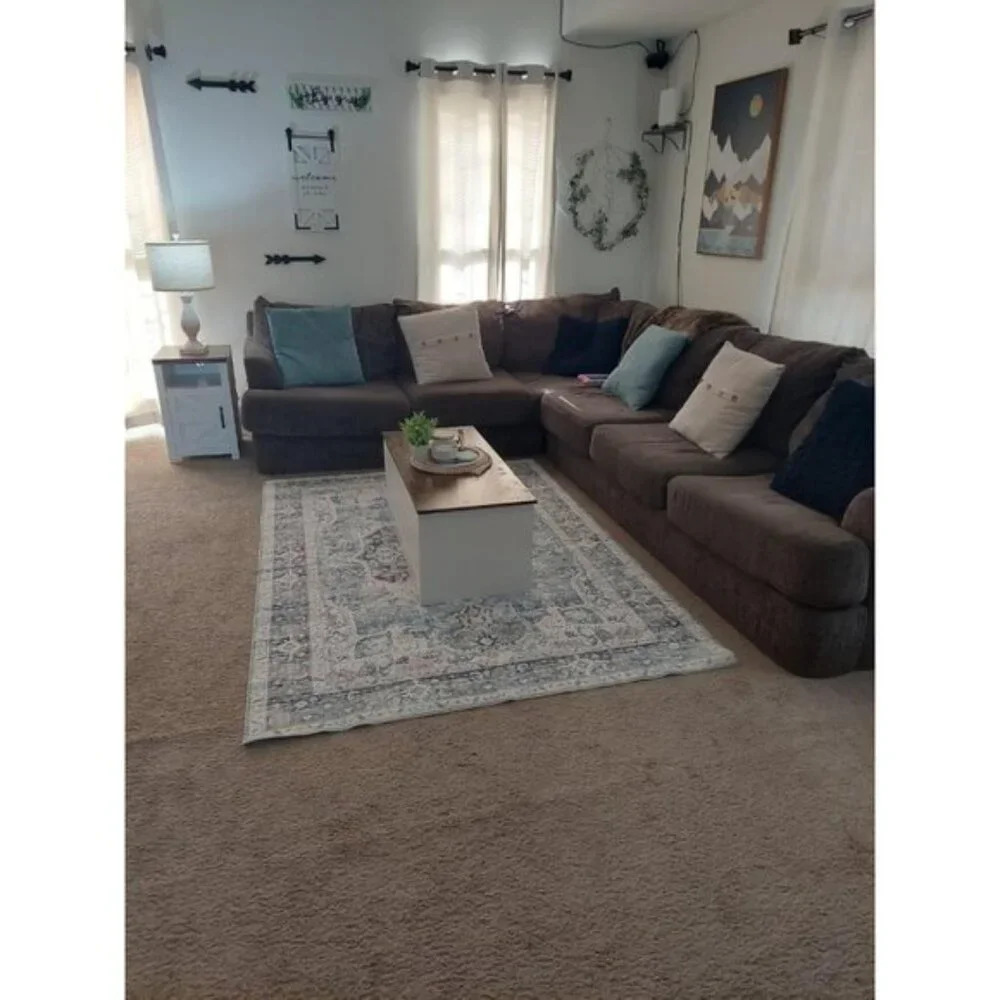 New 5x7 Light Blue Vintage Boho Rug, Washable Soft Low Pile Non-Slip Carpet